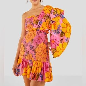 NWOT Farm Rio Flowers Garden One Shoulder Smocked Mini Dress L